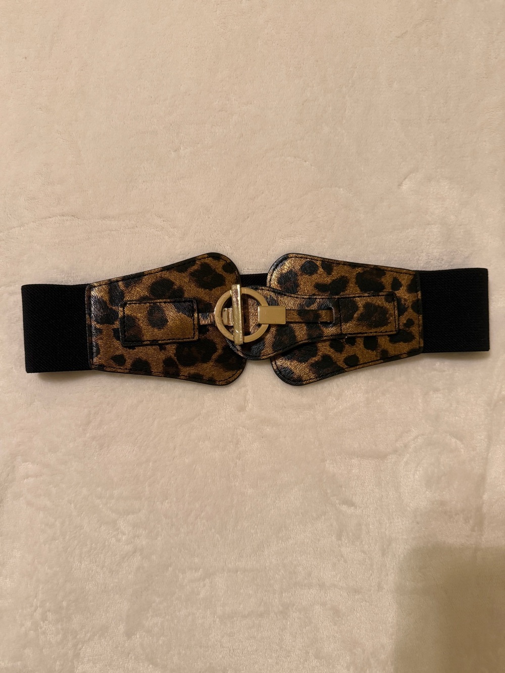 bebe Leopard Print Elastic Waist Belt with Gold Buckle